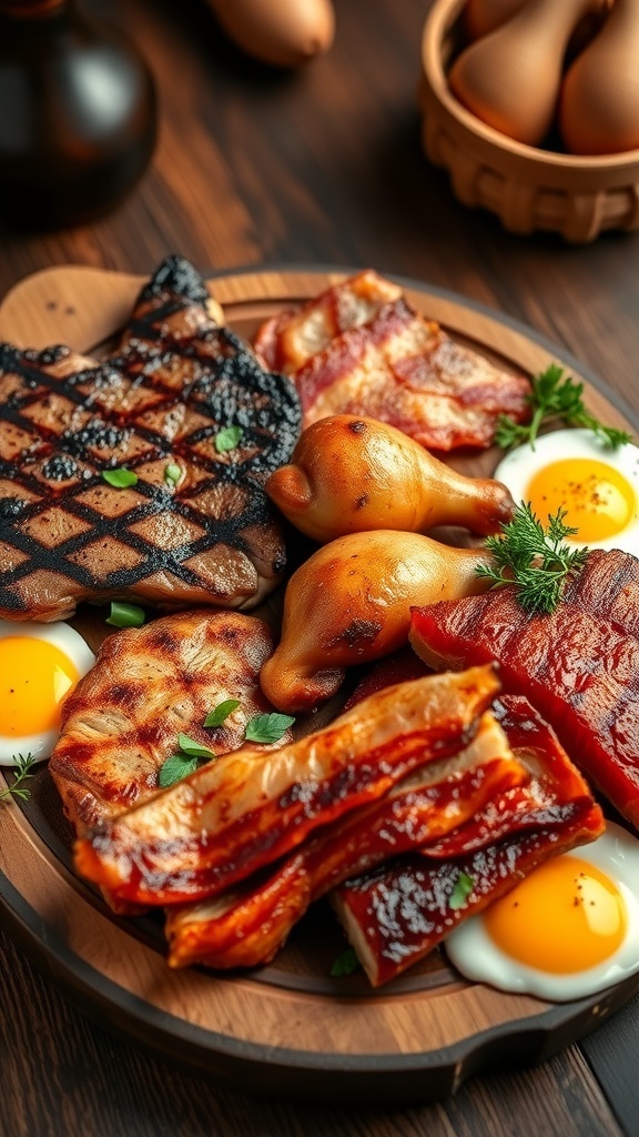 A wooden platter filled with grilled meats including ribeye steak, chicken thighs, salmon, and fried eggs.